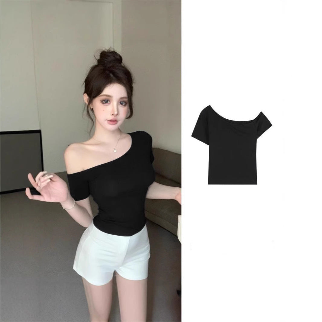 Simple Pure Style Elegant Sexy Hot Exposed Shoulder Sleeve Women's T-shirt