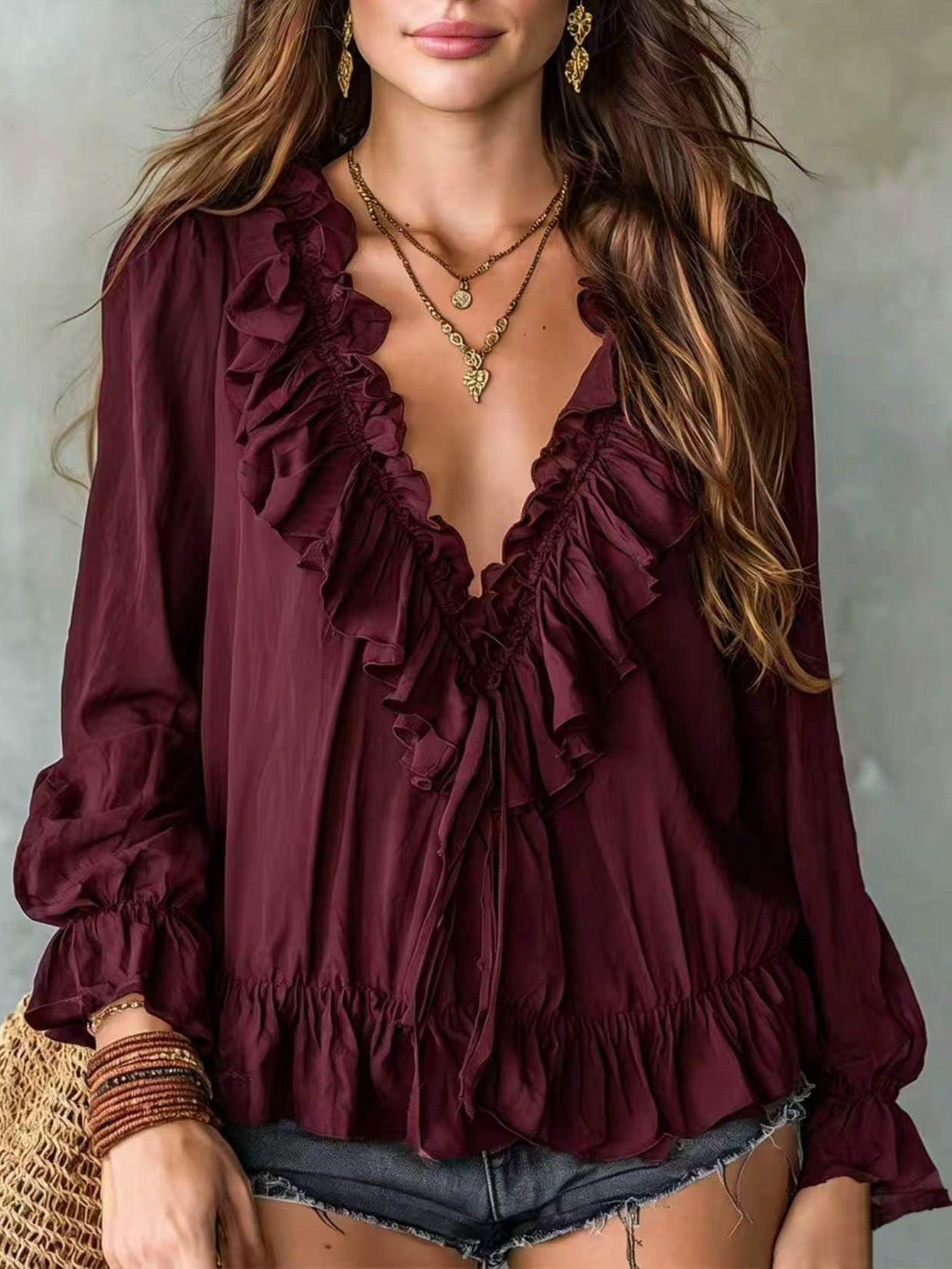 Women's Autumn Fashion Loose Flounce Long Sleeve Lace Shirt, Chiffon Shirt