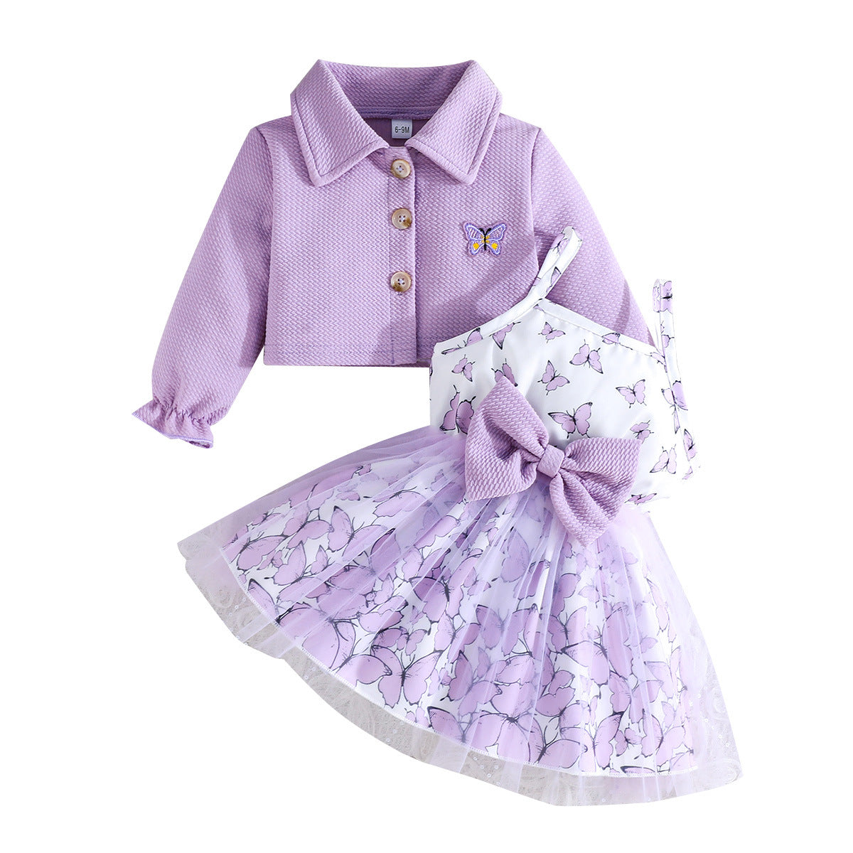 Set Long Sleeve Coat Animal Pattern Printed Bow Tulle Children's Dress