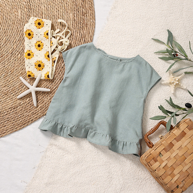 Ruffle Top Summer Loose Short Sleeve Double Buckle Placket Children's T-shirt