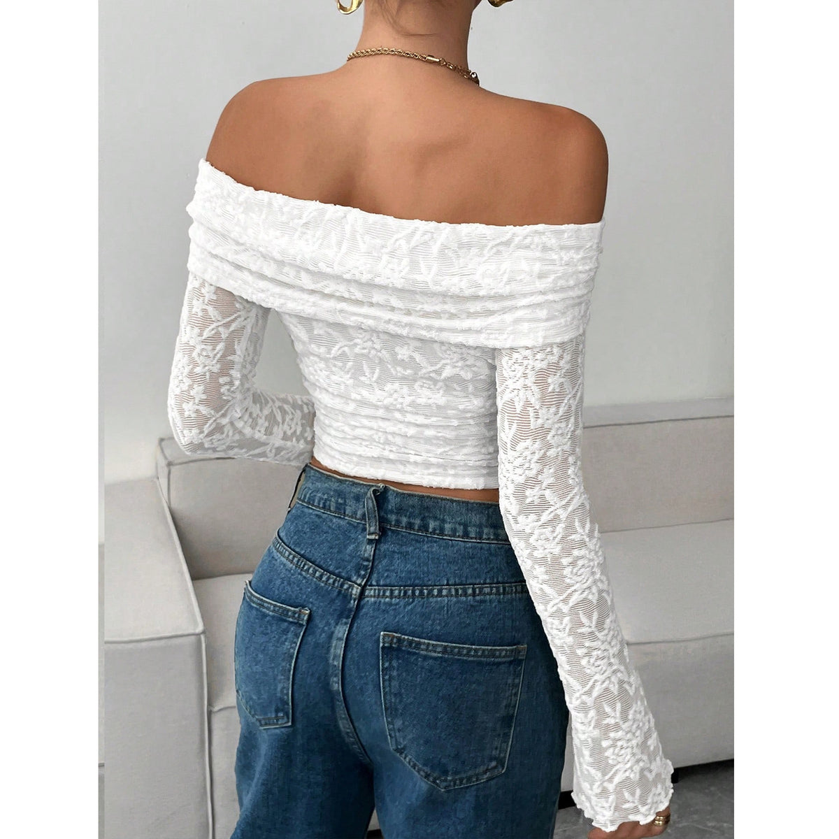 Women's Flower Long Sleeve Backless Versatile Slimming Lace Shirt, Chiffon Shirt