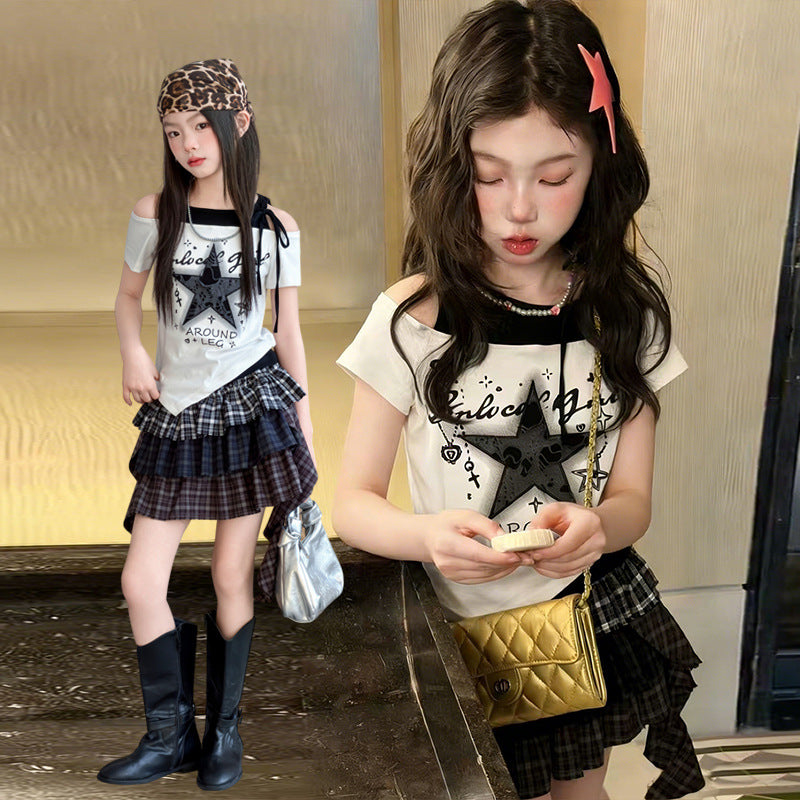 Children's Summer Fried Street Thin Short Sleeve Lace Tartan Children's Suit