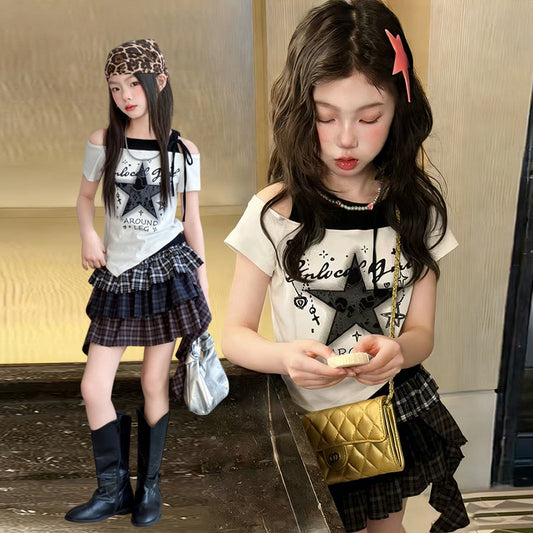 Children's Summer Fried Street Thin Short Sleeve Lace Tartan Children's Suit