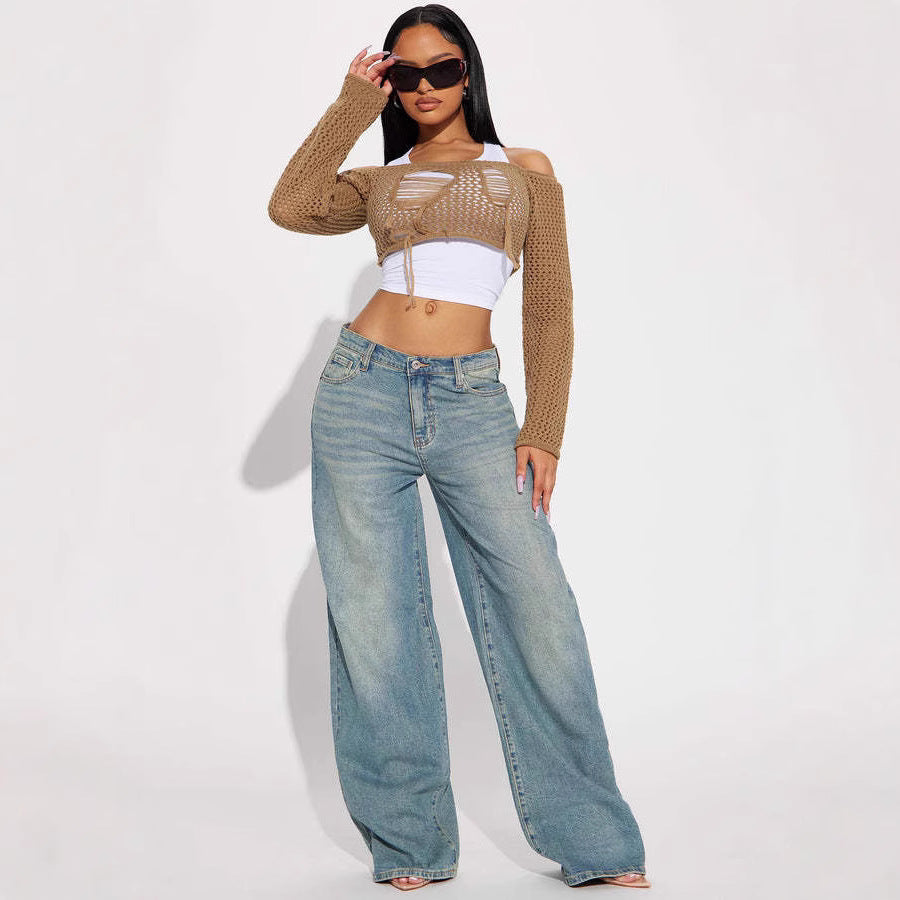 Women's Spring Retro Wide Leg Embroidered Elastic Straight Casual Jeans