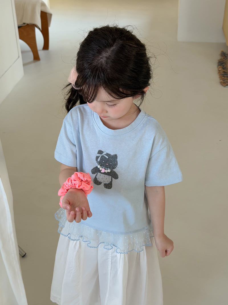 Children's Field Korean Style Stitching Flocking Mesh Summer Cartoon Animal Children's T-shirt