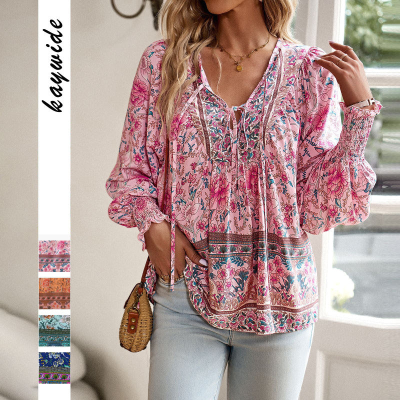 Women's Bohemian Vacation Style Printed Long Sleeve Tops