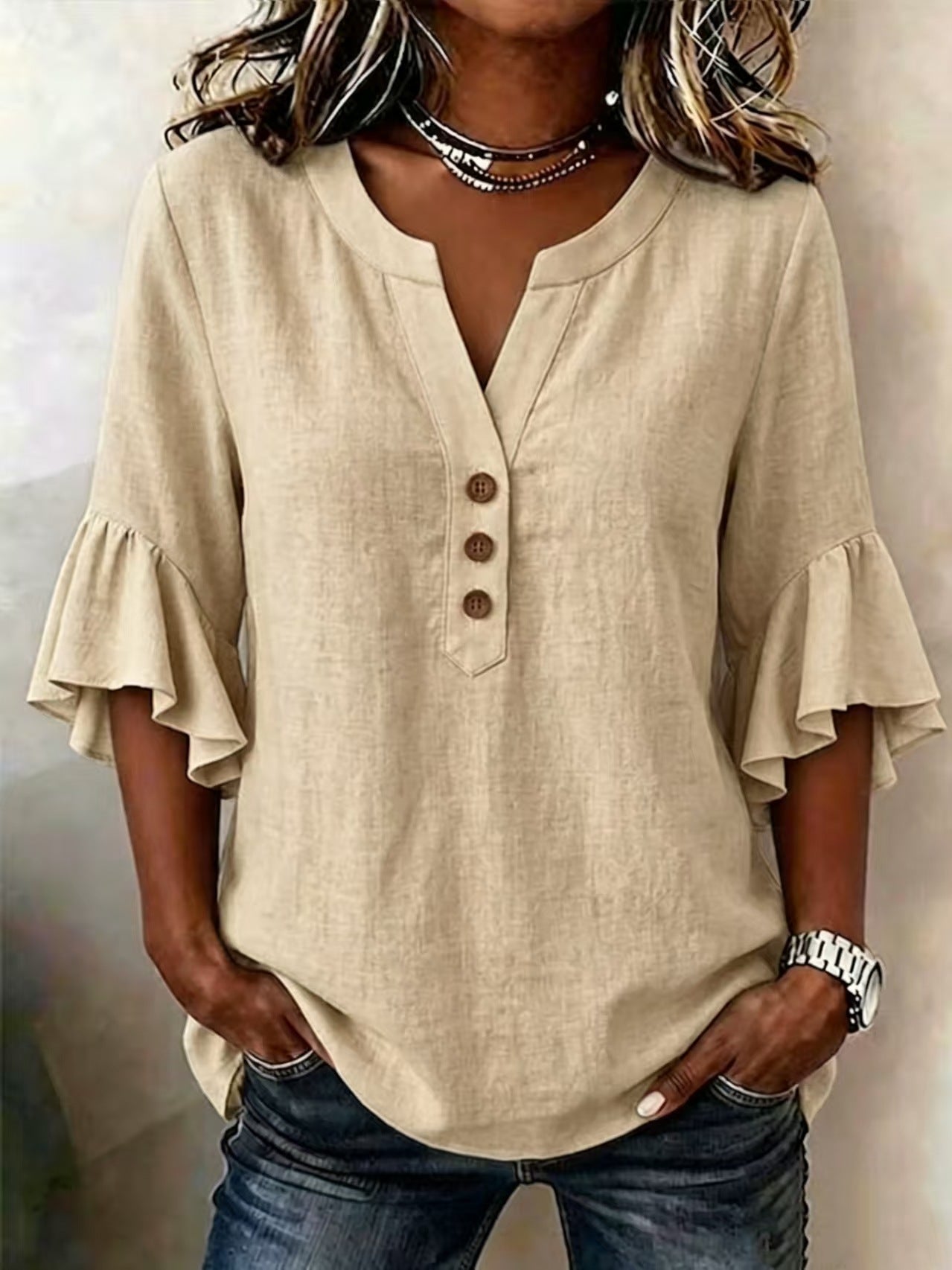 Women's Cotton Linen French Style Gentle Bell Sleeve Loose Casual Shirt Blouse