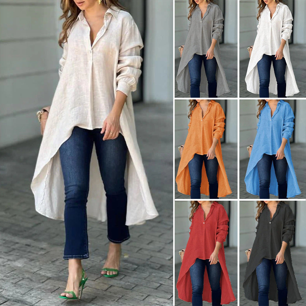 Women's Long Sleeve Fashion Solid Color Loose Lapels Blouse