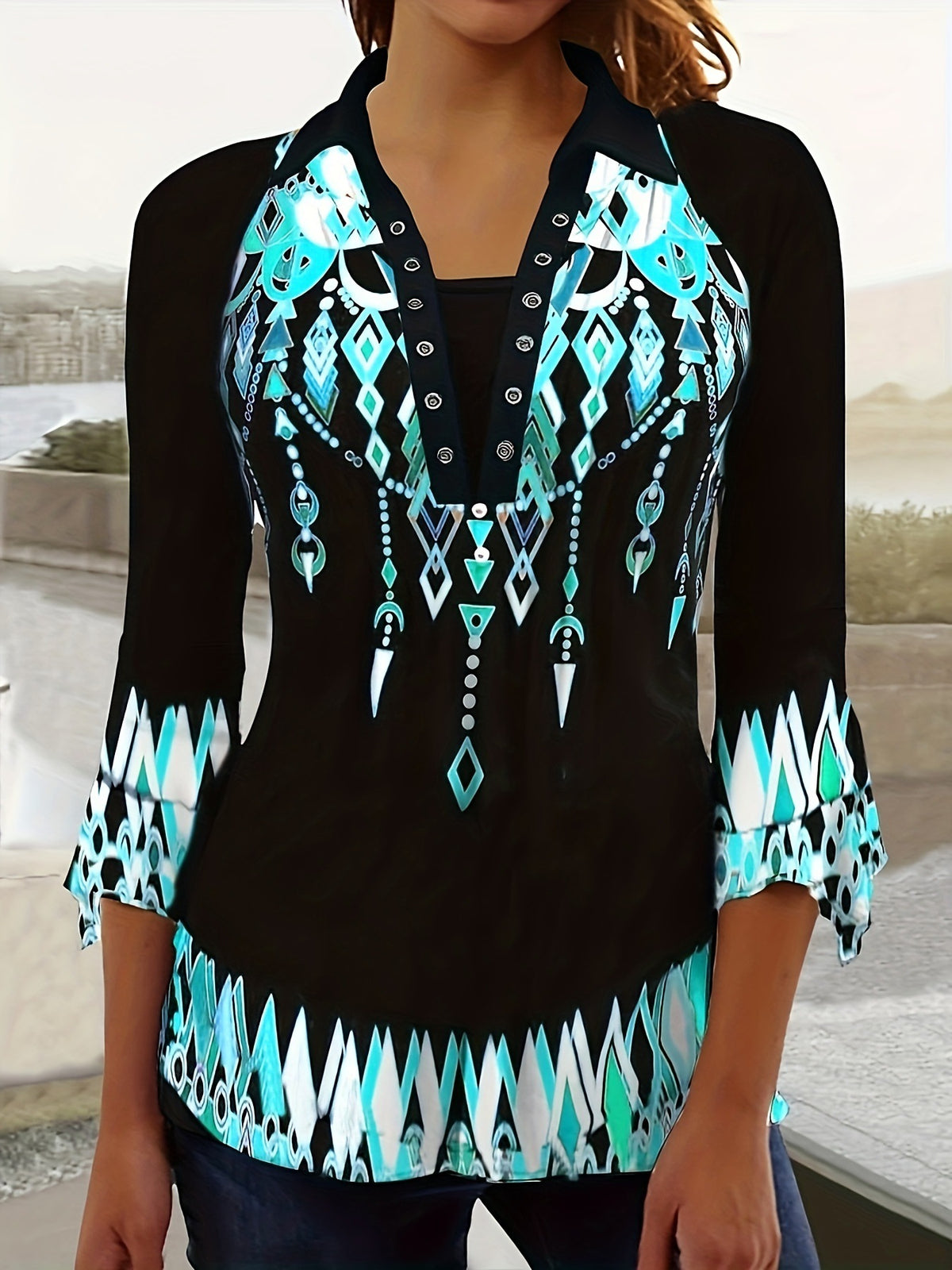 Autumn Print Polo Collar Irregular Sleeve Women's T-shirt
