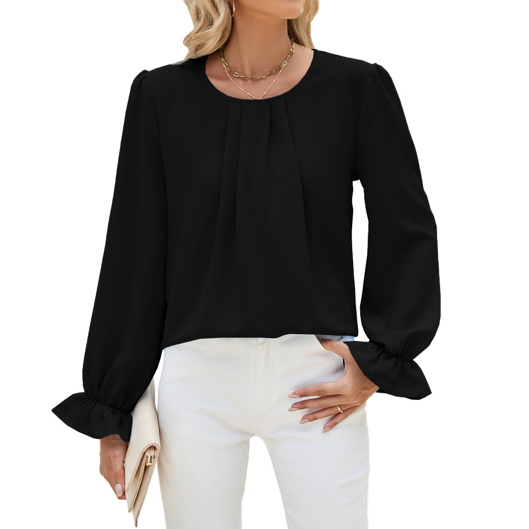 Solid Color Round Neck Loose Long Tops