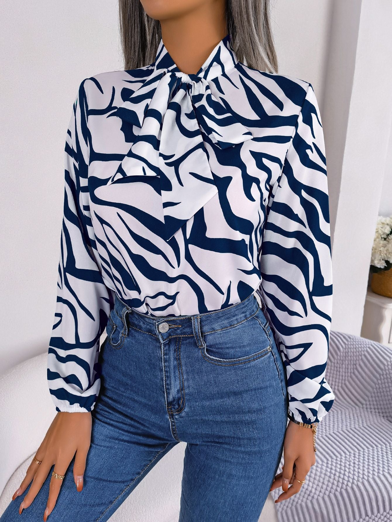 Women's Elegant Contrast Color Striped Lantern Sleeve Lace Shirt, Chiffon Shirt