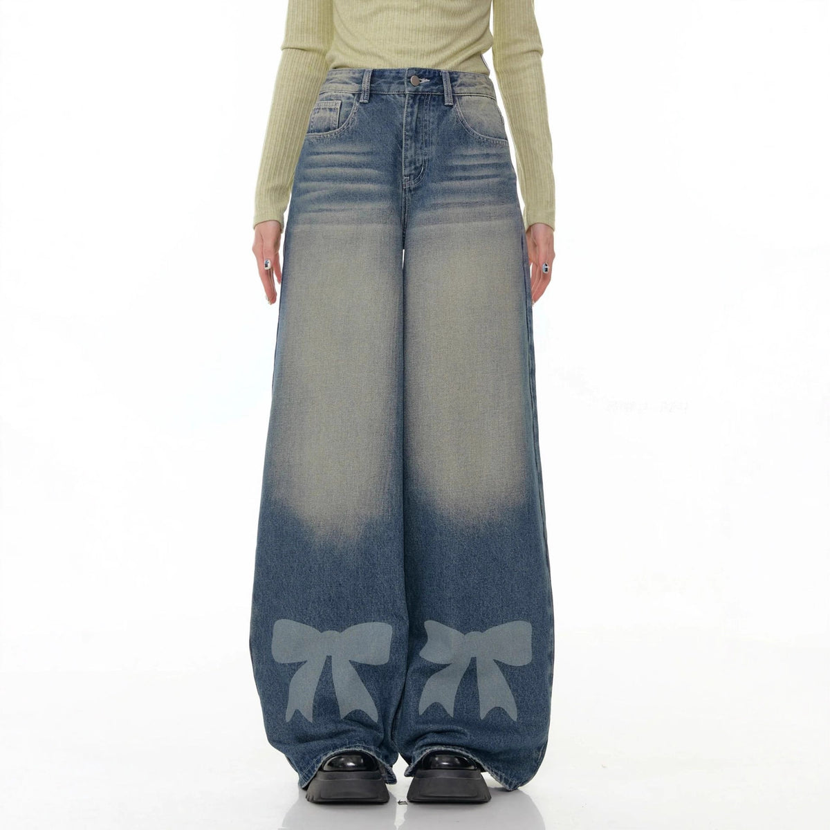 Women's Wide Leg Bow Print Washed Denim Trousers Women's Jeans