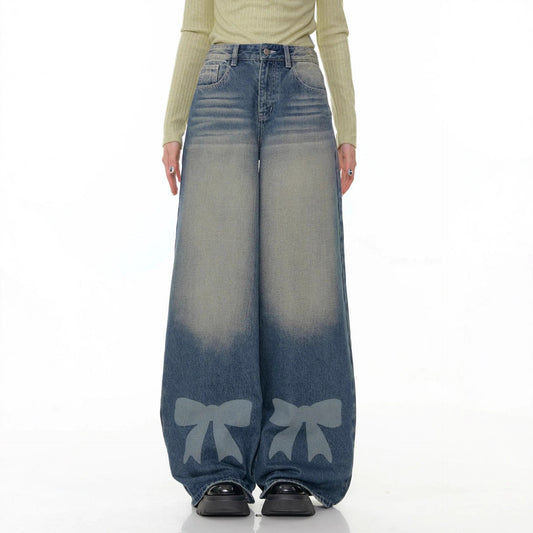 Women's Wide Leg Bow Print Washed Denim Trousers Women's Jeans
