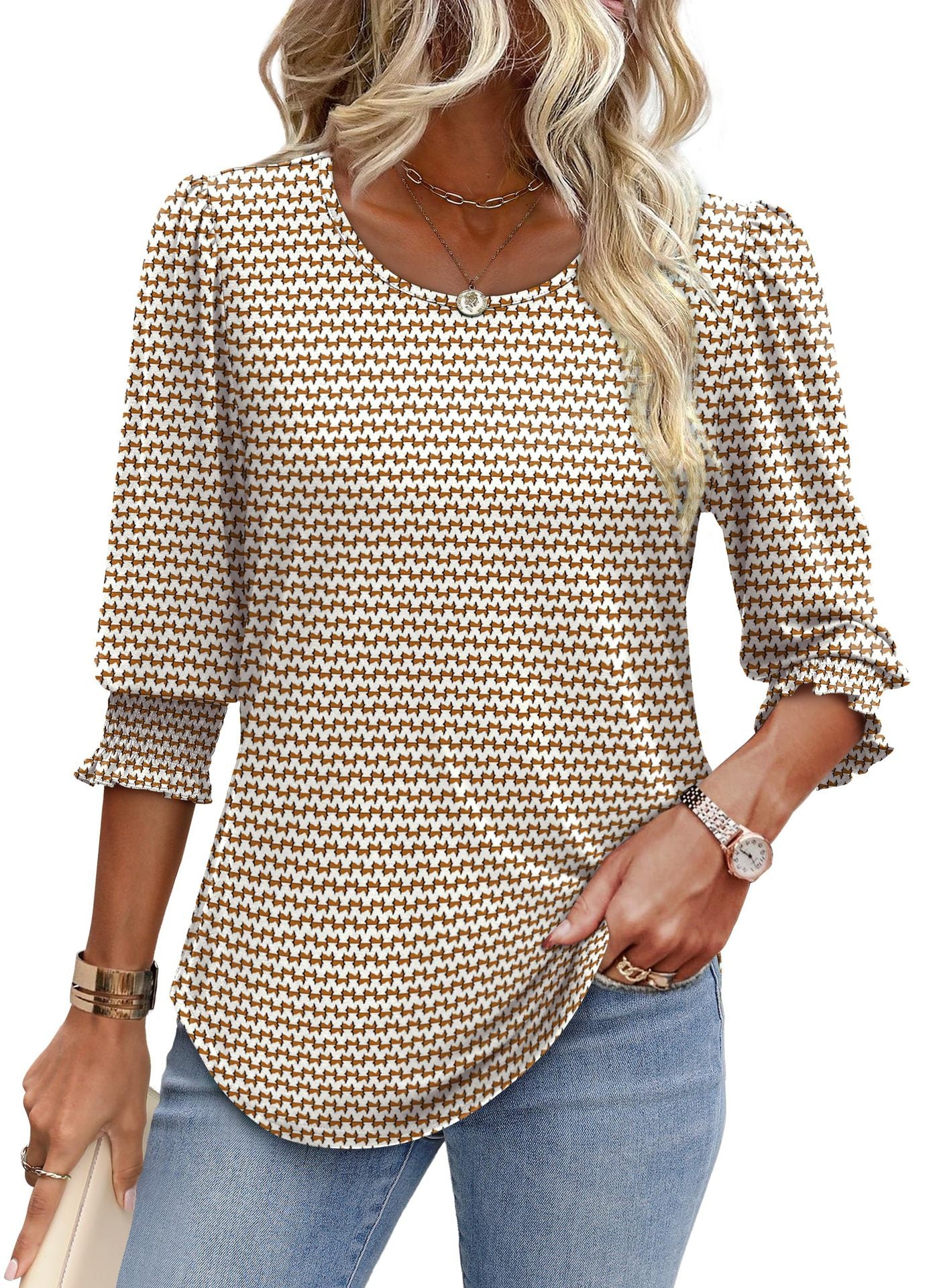 Women's Summer Smocking 7-point Sleeve Round Neck Women's T-shirt