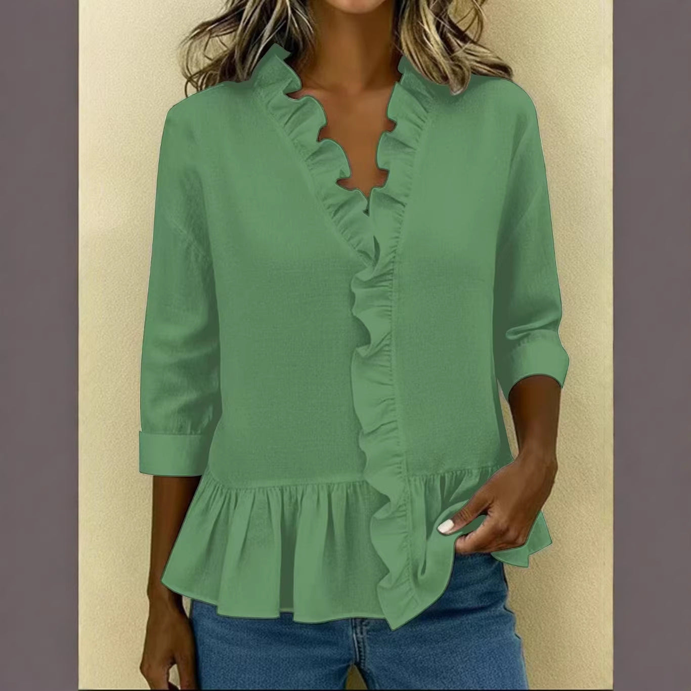 Women's Pure Color Ruffles T-shirt Casual Cropped Sleeves Blouse