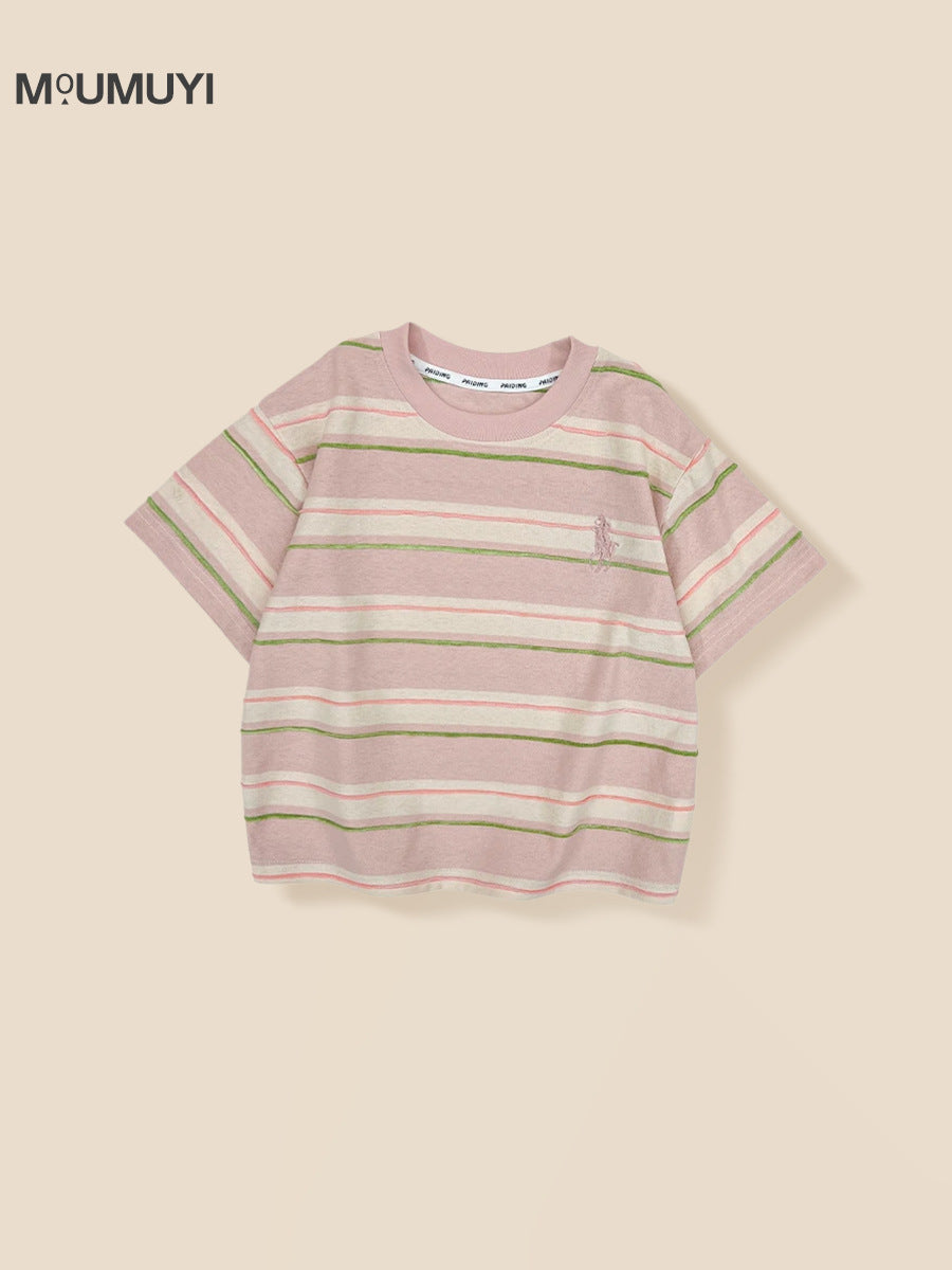 Children's Collar For Boys Contrast Color Wide Striped Embroidered Children's T-shirt