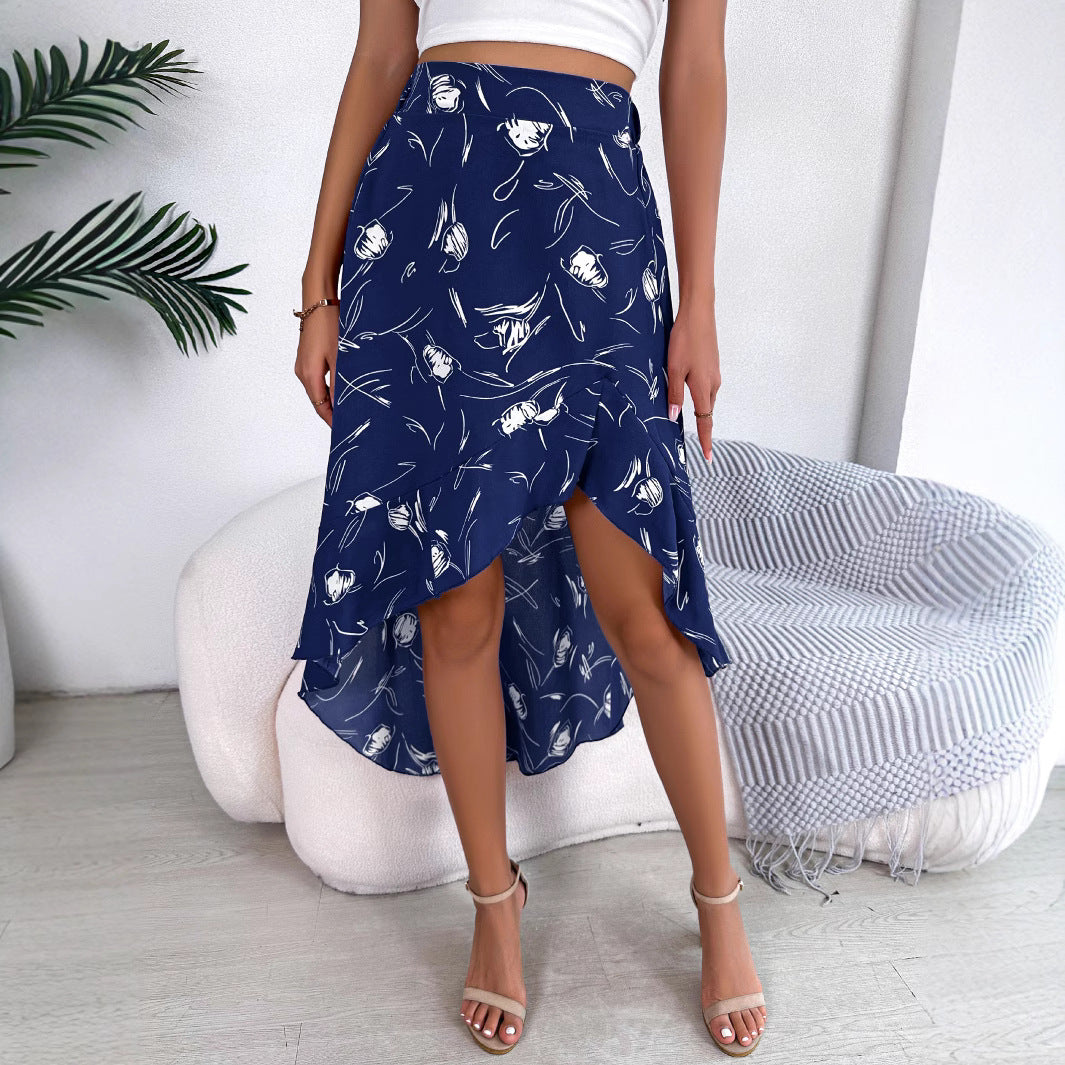 Women's Casual Flower Asymmetric Ruffled Midi Skirt