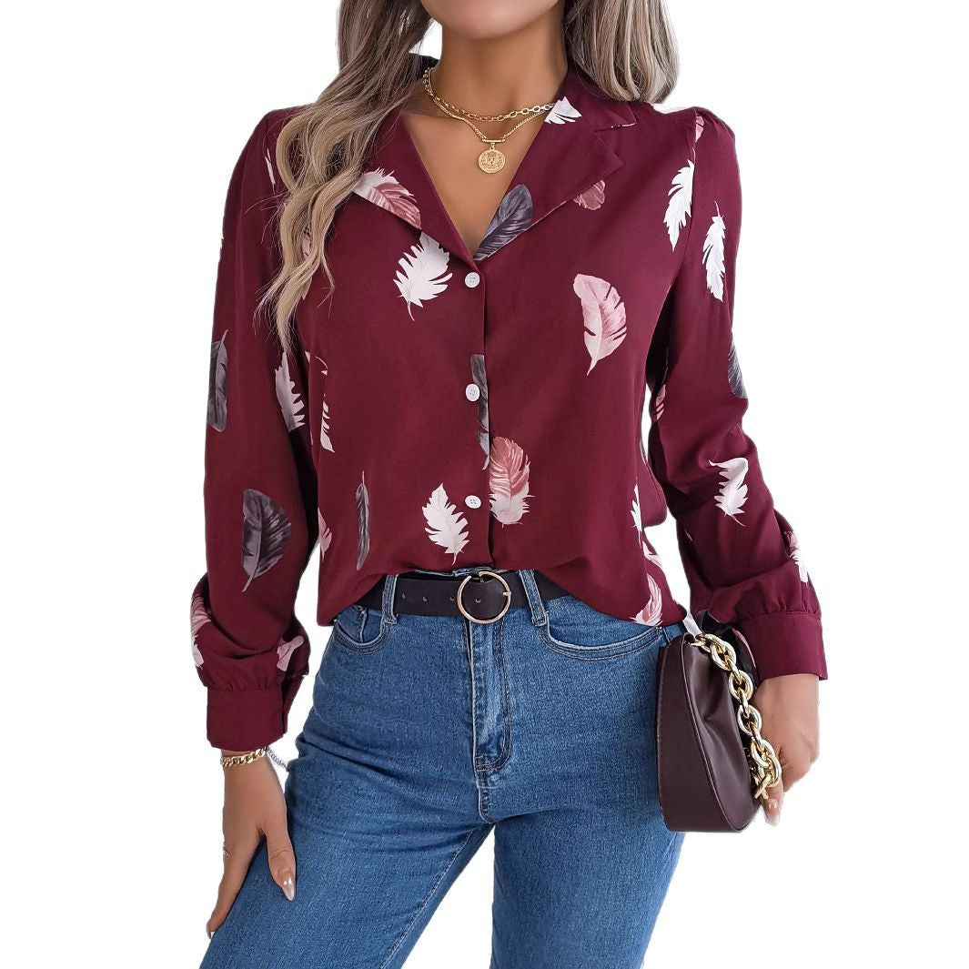 Women's Elegant Feather Print Collar Long Sleeve Lace Shirt, Chiffon Shirt