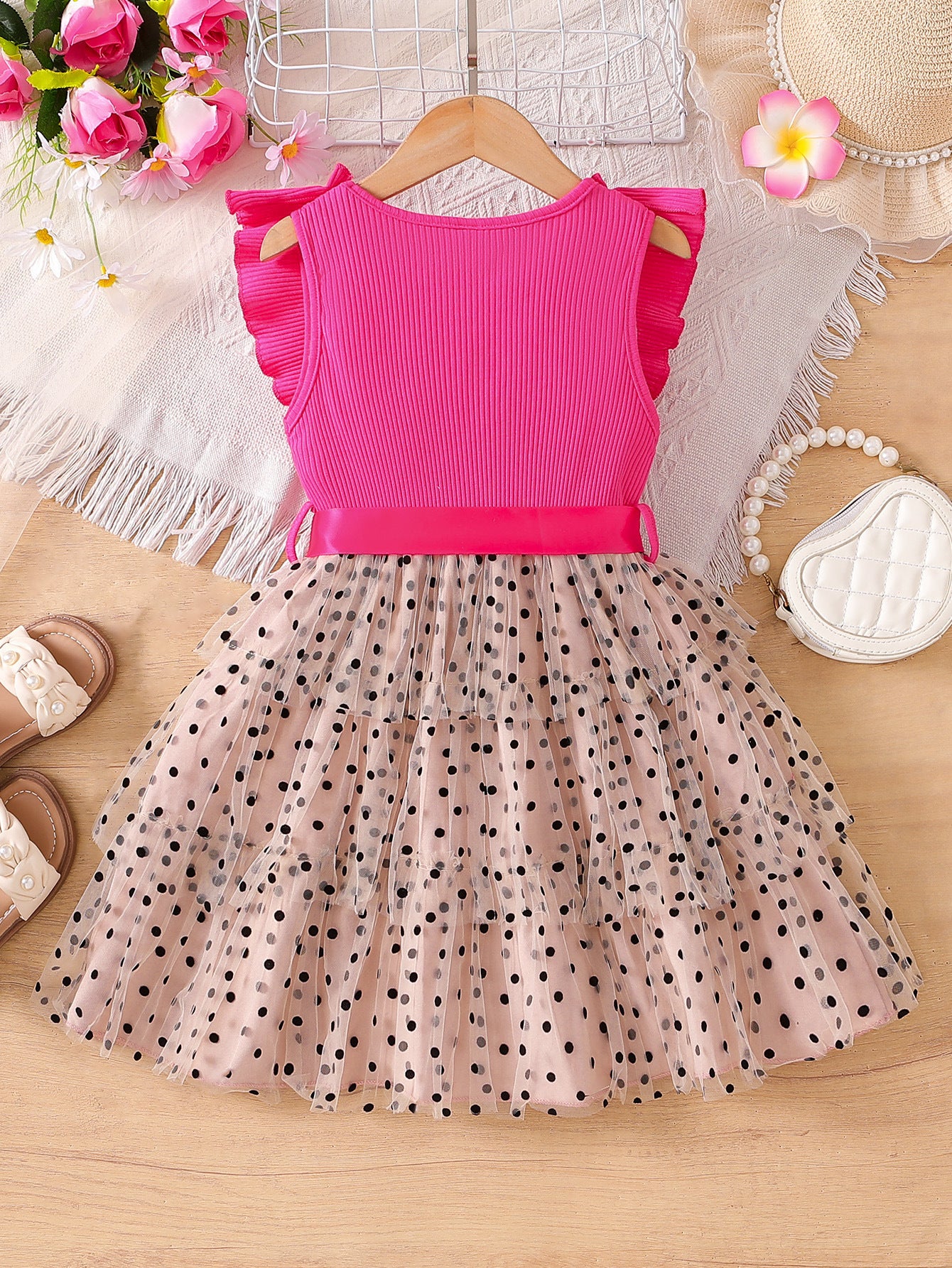 Flying Sleeves Polka Dot Mesh Princess Western Net Yarn Children's Dress