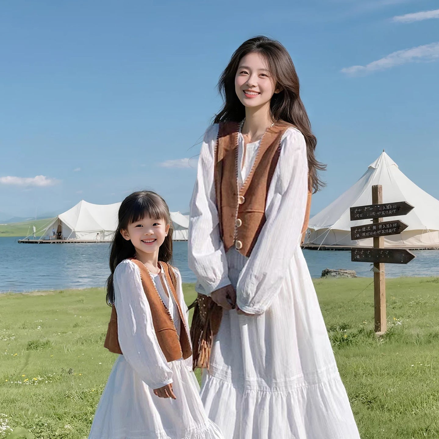 French Retro Ethnic Style Waistcoat Dress Parent-child Outfit
