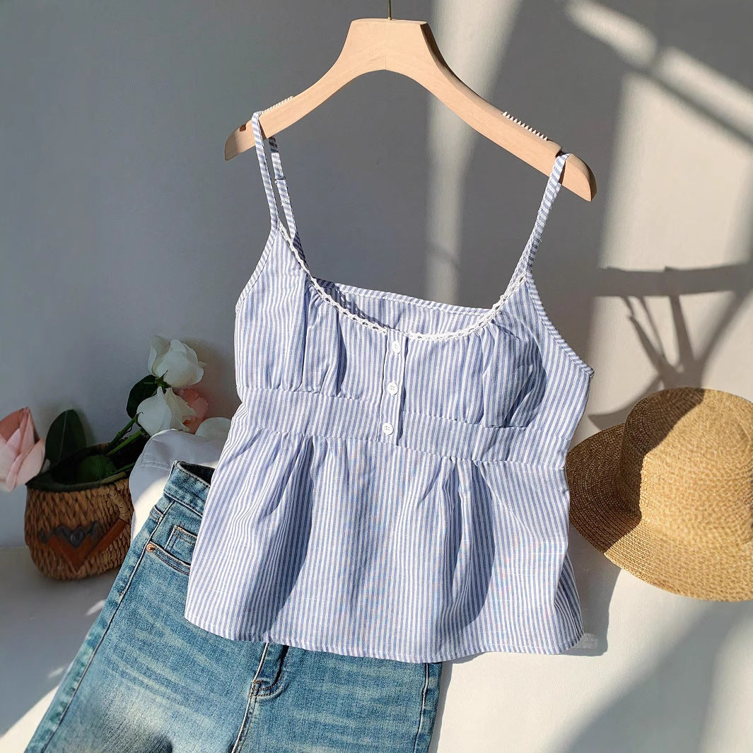 Fashionable Blue Striped Lace Collar Camisole Small Vest/suspenders/tube Top