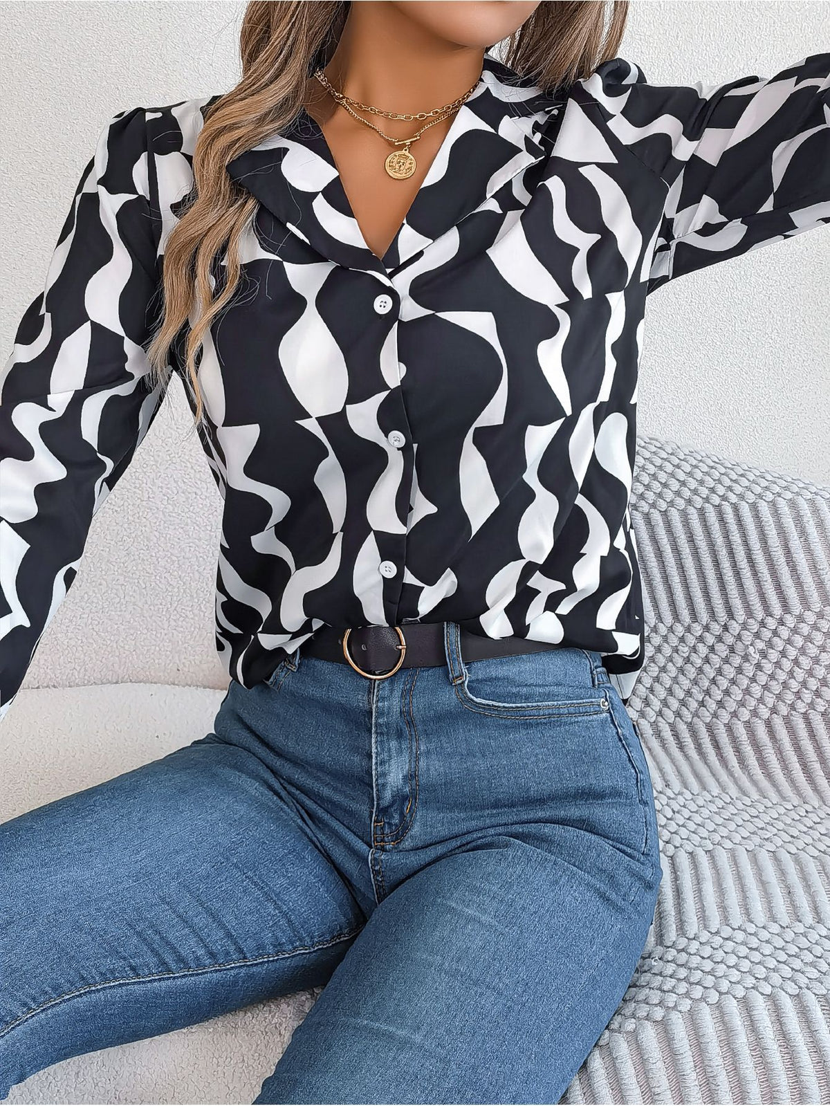 Women's Temperament Contrast Color Striped Collar Long Lace Shirt, Chiffon Shirt