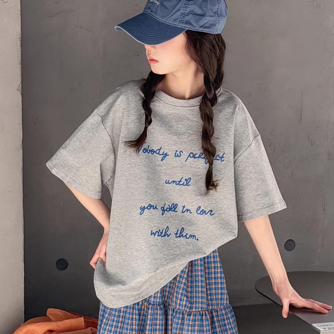 Tartan Skirt Loose Letter T-shirt Long Korean Style Short Sleeve Children's Suit