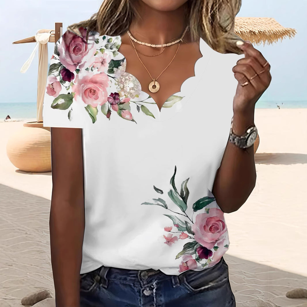 Slouchy Women's Summer Floral Wave Sleeve Large Size T-shirt