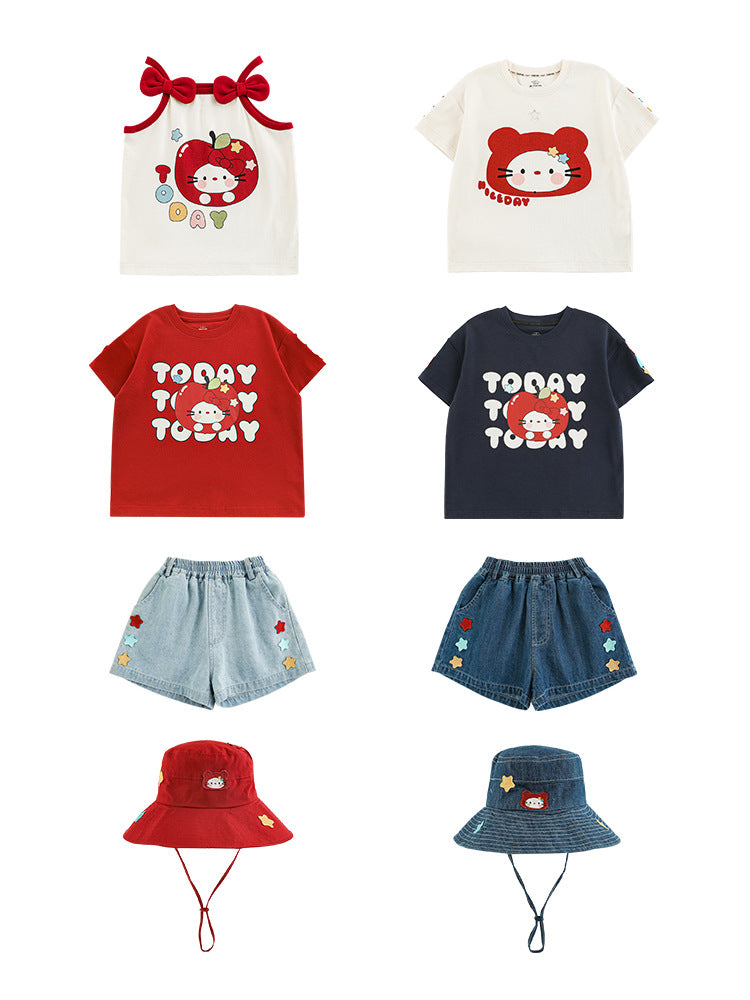 Summer Cat Printing Affixed Cloth Embroidered Standard Children's T-shirt