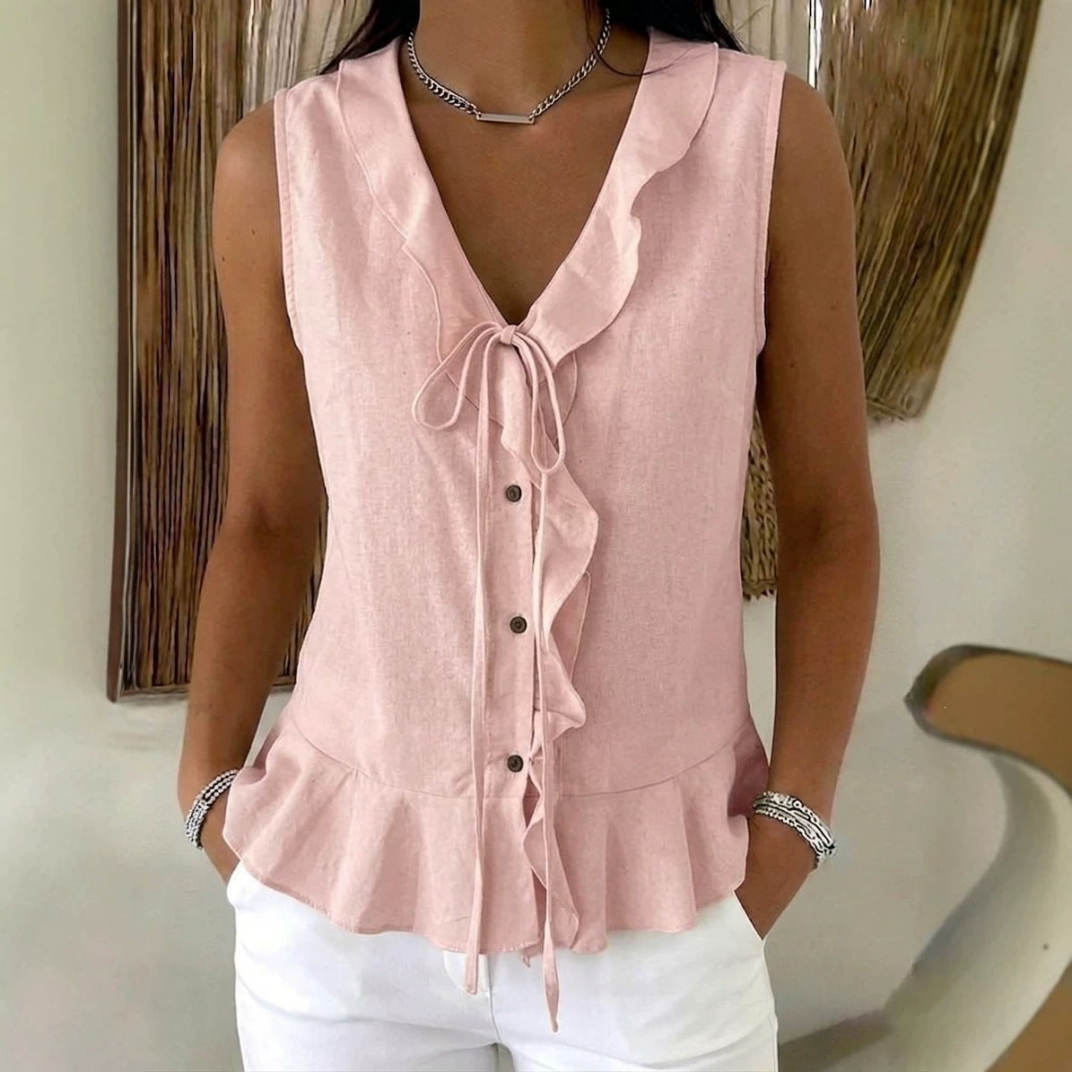 Women's Collar Ruffled Tied Sleeveless Hem Ruffles Women's T-shirt