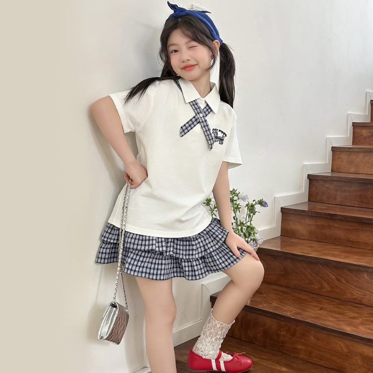 Summer College Plaid Skirt Outfit Tie Collar Short Sleeve T-shirt Children's Suit