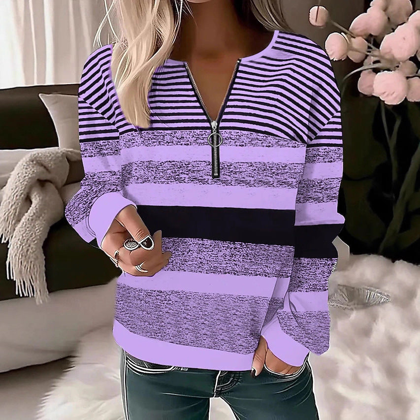 Women's Comfortable Fashion Half Zipper Collar Shoulder Striped Large Size T-shirt