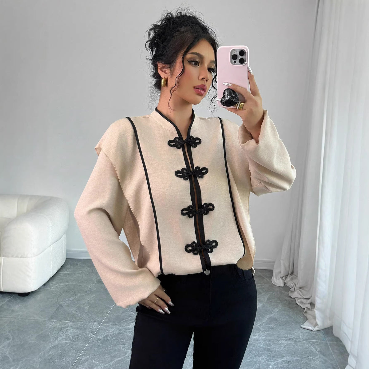 Women's Knot Design Sense National Style Long-sleeved Artistic Blouse