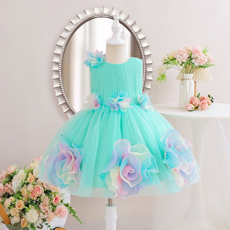 Colorful Flower Mesh Princess Little Wedding Dinner Children's Dress