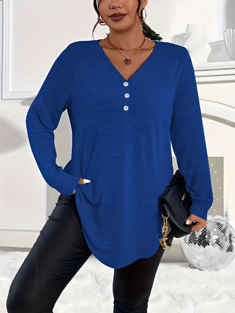 Women's Clothes Buttons Solid Color Long-sleeved Tops