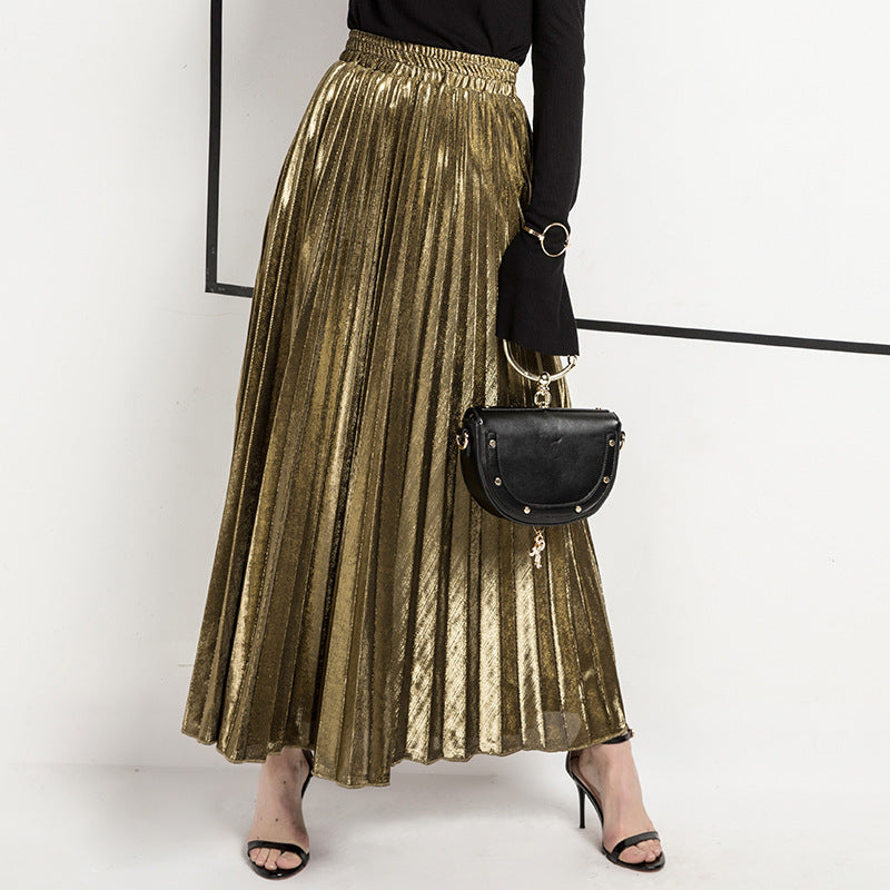 Women's Pleated Long High Waist Big Swing Gold Beach Skirts