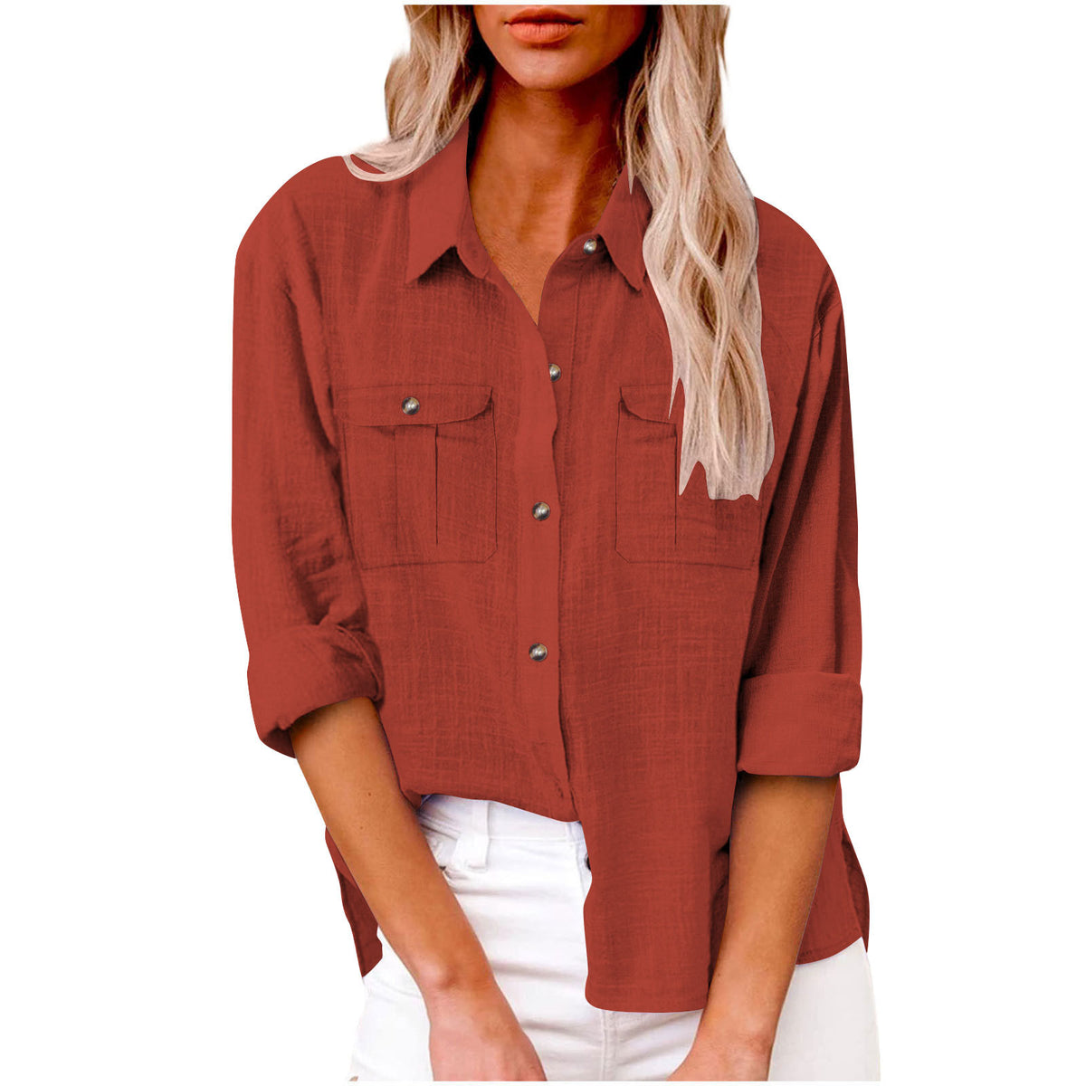 Women's Pocket Split Long Sleeve Cotton Linen Clothing