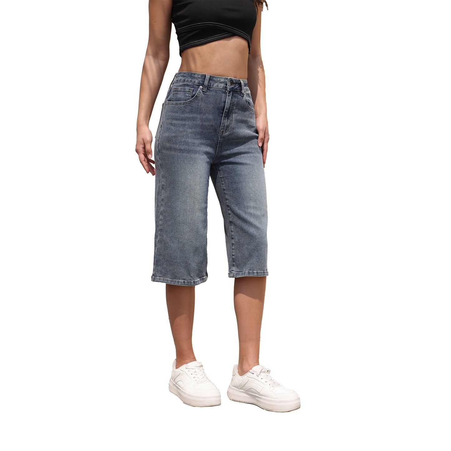 Women's Mid-length Breathable Knee Length Elastic High Waist Tide Stretch Women's Jeans