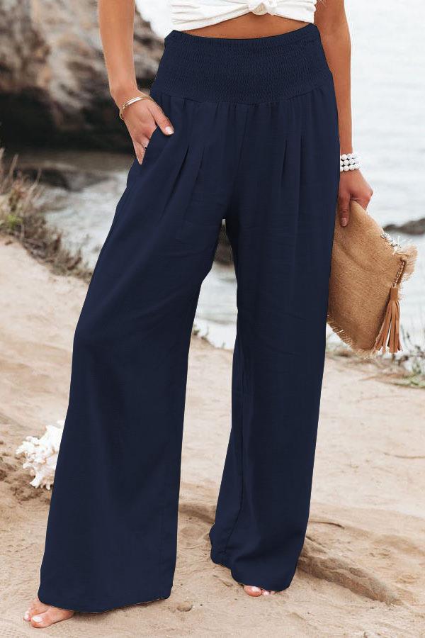 Women's Cotton Linen Pure Color Elastic Waist Wide Leg Casual Pants