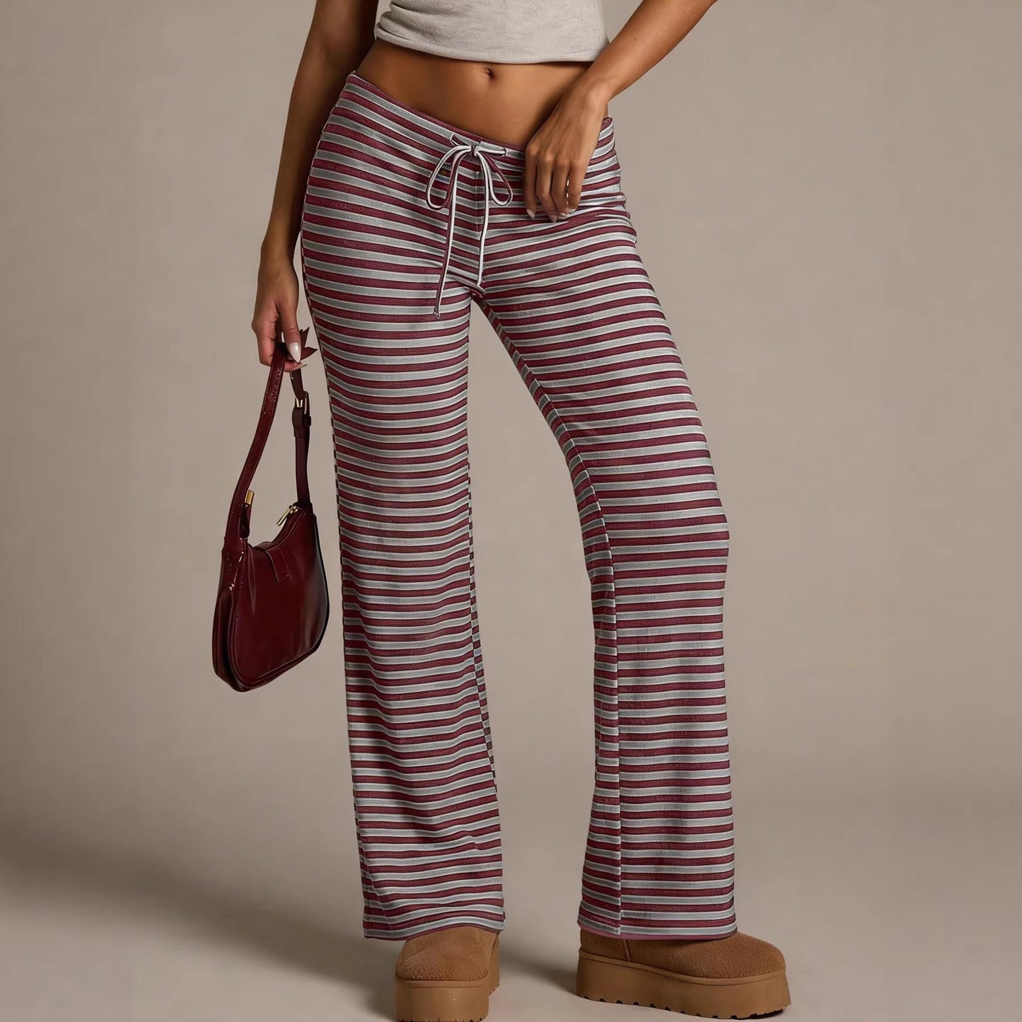 Women's Striped Drawstring Retro Home Mop Straight Casual Pants