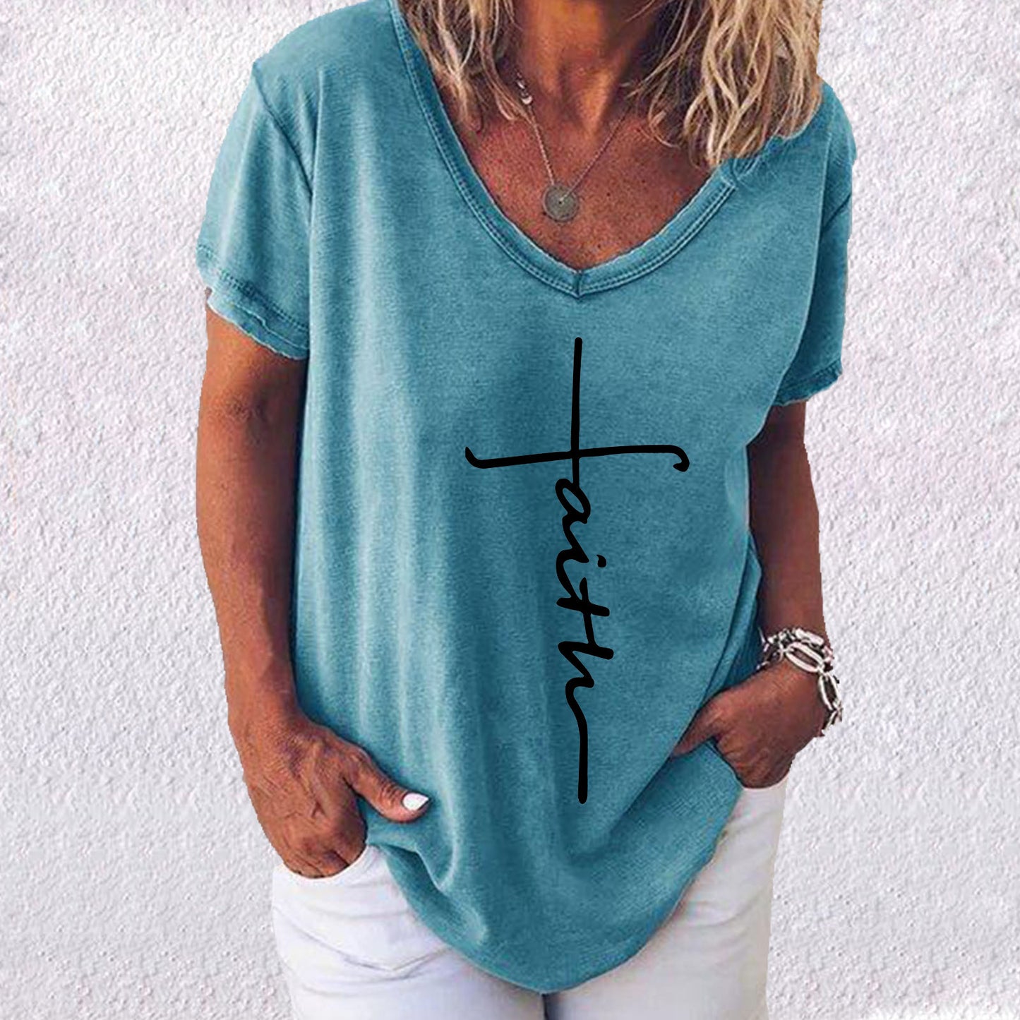 Women's Summer Casual Cross Printed Sleeve Women's T-shirt