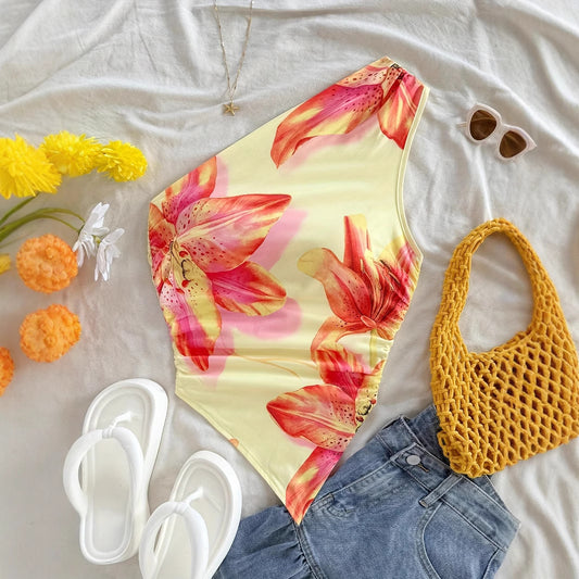 Printed Flower Print Summer Plant Oblique Small Vest/suspenders/tube Top