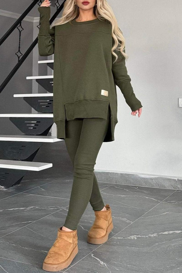 Women's Slit Long Sleeve Crew Neck Solid Color Fashion Casual Suit