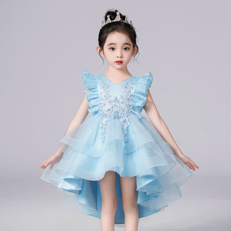 Summer Flounced Sleeve Trailing Mesh Bubble Skirt Princess Children's Dress