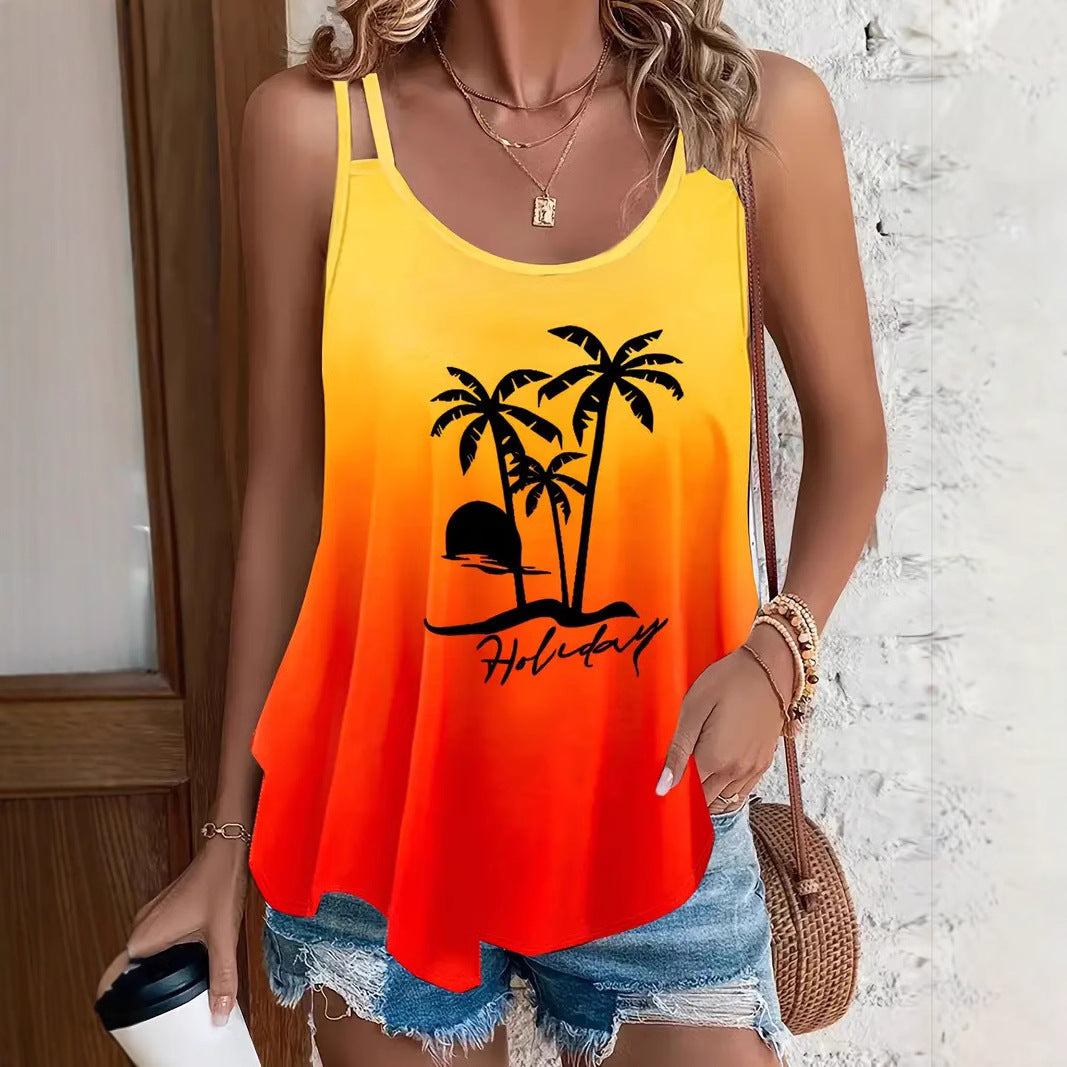 Women's Round Neck Gradient Printing Sleeveless Shoulder Large Size T-shirt