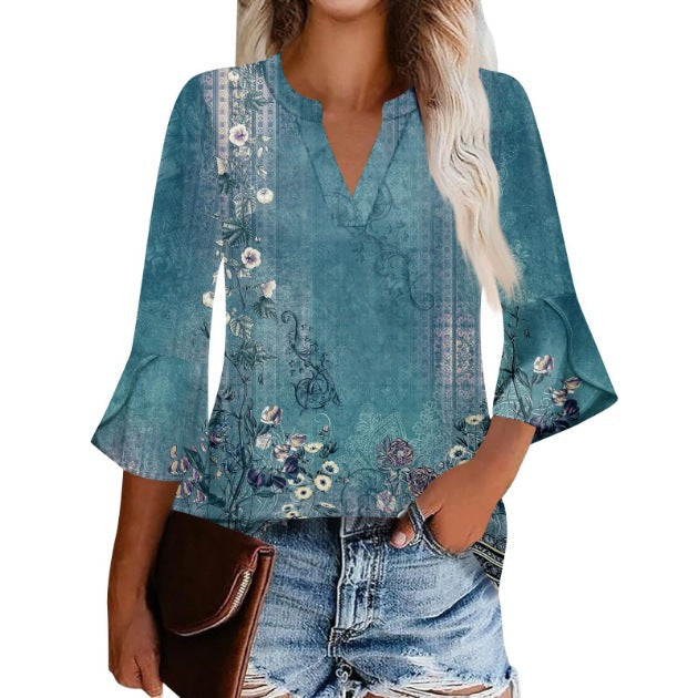 Women's Shirt Petal Sleeve Fashion Printed Loose Blouse