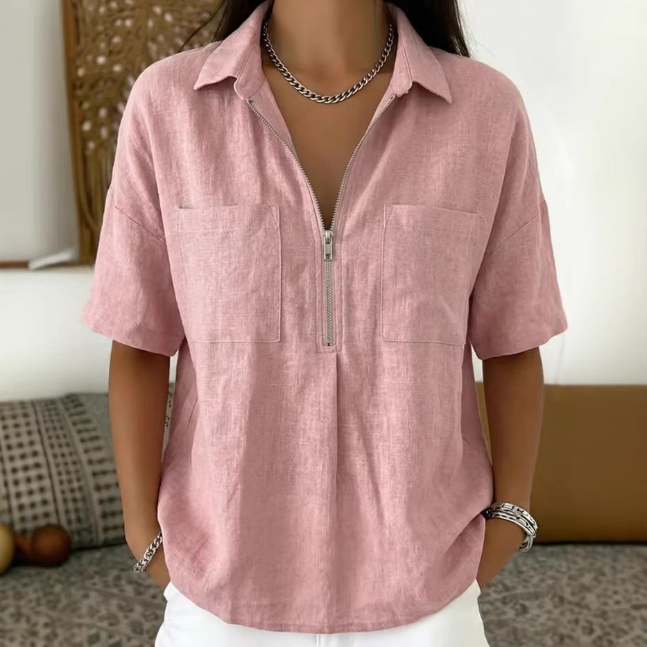 Loose Lapels Solid Color Sleeve Casual Shirt Zipper Patch Blouse