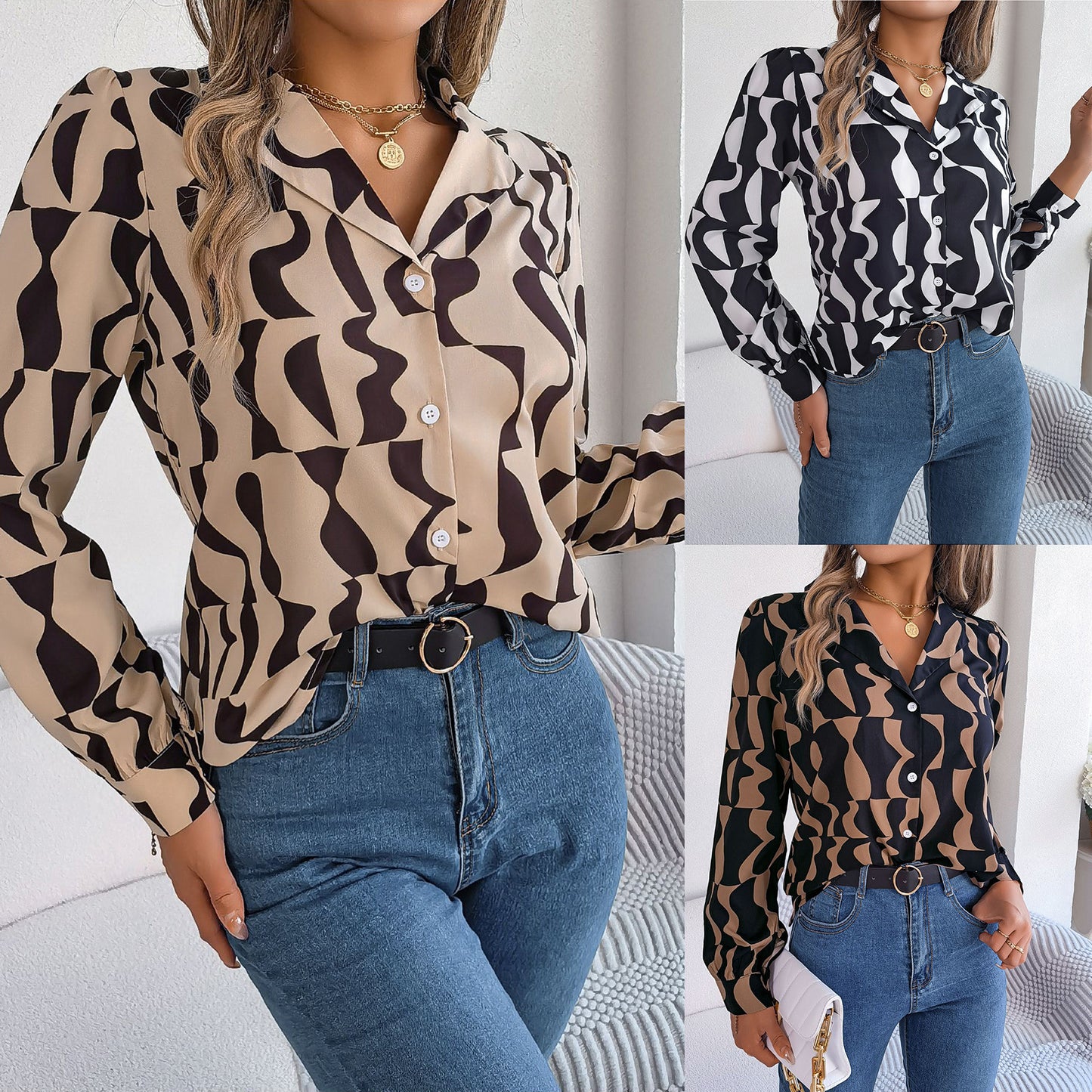 Women's Temperament Contrast Color Striped Collar Long Lace Shirt, Chiffon Shirt