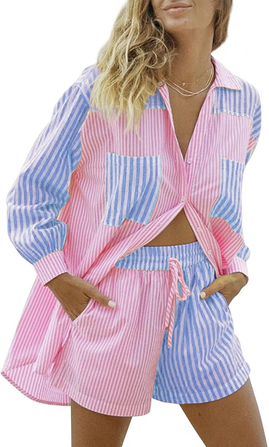 Women's Shirt Lapel Single Breasted Home Casual Striped Loose Suits