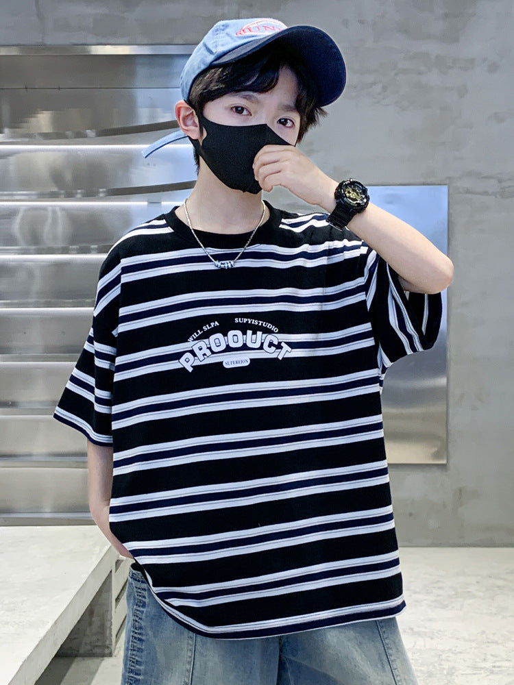 Children's Summer Striped Short-sleeved Shorts Two-piece Medium Big Children's Suit